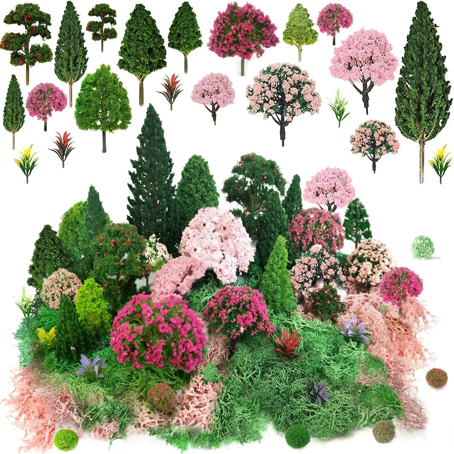 Mixed Model Trees, Model  Scenery, 37 count, Miniature Trees with Moss for Building Model,  Green Landscape, Railroad Scenery