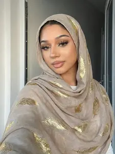 Ladies' Elegant Scarf with Feather Pattern, Lightweight Polyester Fabric for Fashion Accessories, Perfect for Stylish Hijab