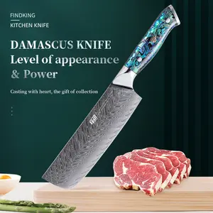 FINDKING Nakiri Knife, Professional Japanese 67 Layers Damascus Steel Kitchen Chef Knife 7 Inch, Resin Abalone Shell Handle, Razor Sharp Professional Meat Cutting Knife with Gift Box for Family, Restaurant, Cutting Vegetables, Meat and Fruits for Kitchen