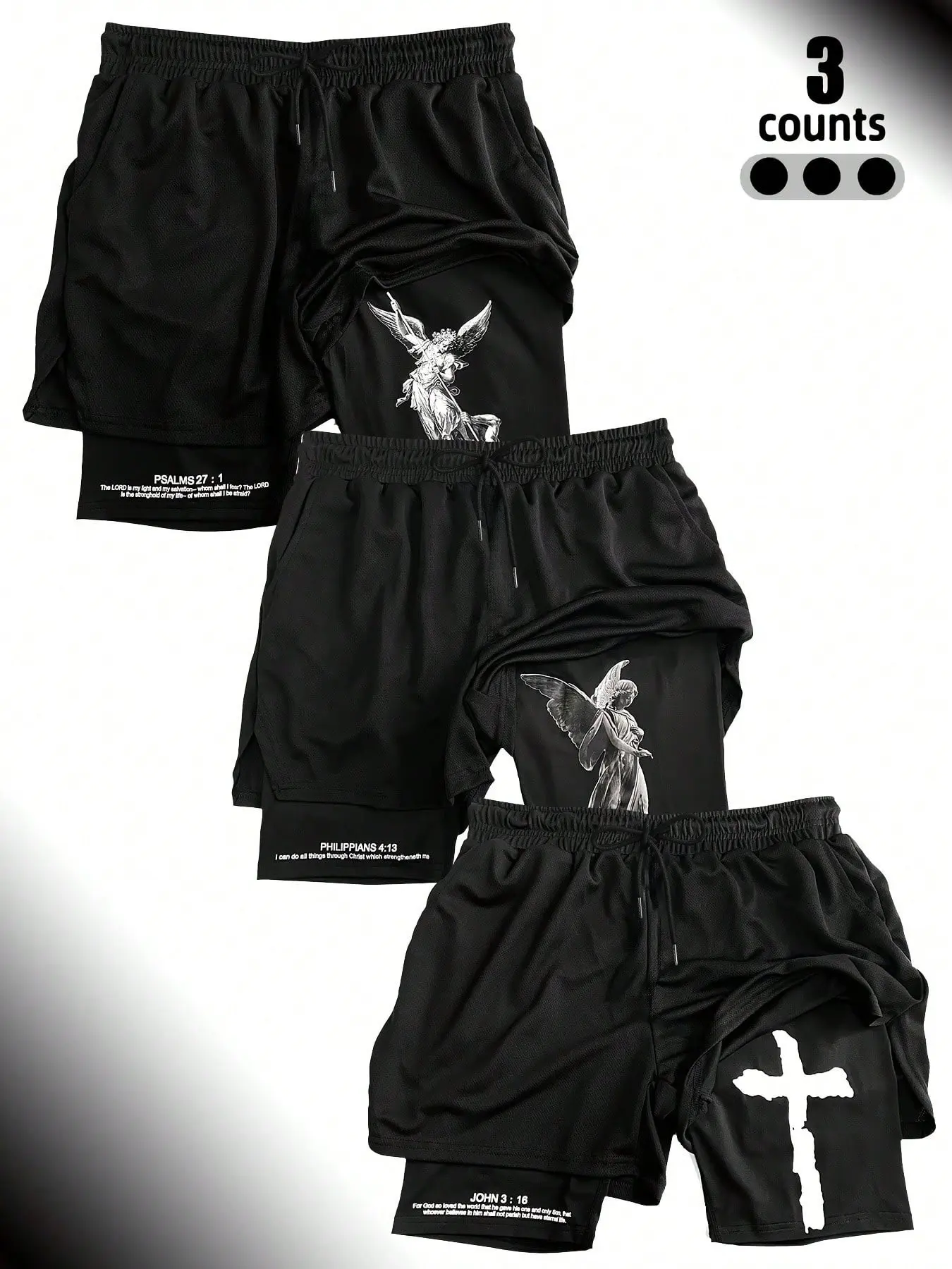 Men's 3 Counts Two-In-One Faith-Themed Gym Shorts, Trendy Christian Graphic Print with Inner Lining, Casual American Street Style Training Shorts, Fashionable Summer Shorts