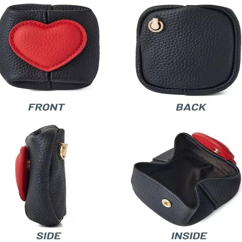 Heart-Clasp Mini Organizer Pouch — Genuine Top-Grain Leather Portable Case for Earphones, Coins, and Small Accessories