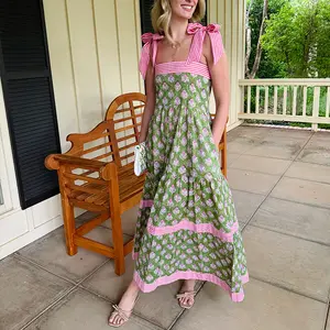 Women‘s Summer Boho Floral Dress Spaghetti Strap Tiered Sundress Casual Flowy Sleeveless Maxi Beach Dress with Pockets