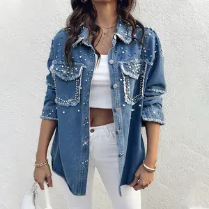 ChicMe Women's Colorful Rhinestone Turn-down Collar Long Sleeve Front Button Tassel Design Denim Blouse with Pocket