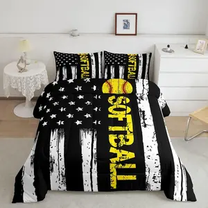 Feelyou USA Flag Quilted Duvet Set - Baseball Softball Themed, White Black Striped Stars Design, Bedroom & Decorative Bedding, Bedroom Bedding Set, Decorative Bedding Set