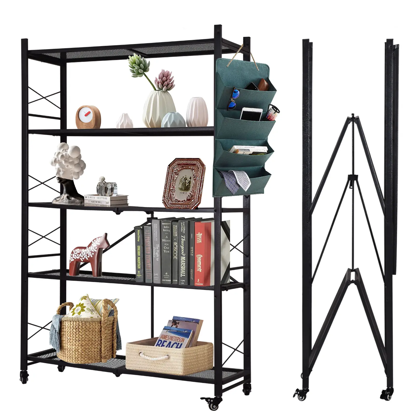 Grezone Foldable Shelves,Heavy Duty Metal Storage Shelves with Wheels - No Assembly Collapsible Shelving Unit for Kitchen Garage Hold up to 1000 lbs F
