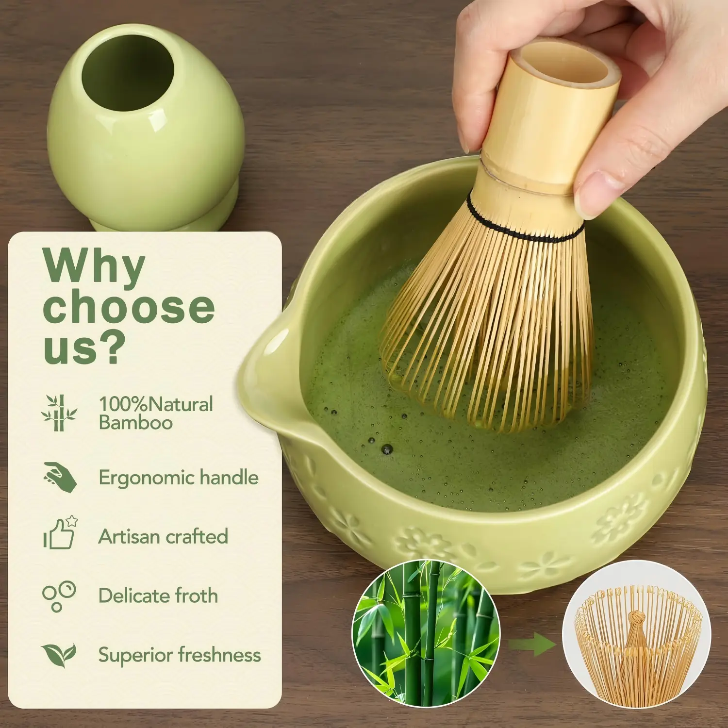 7-Piece Traditional-Modern Glossy Steel Handle Matcha Whisk Set - Ceramic Spouted Bowl, Bamboo Chasen, Chasen Holder, Scoop Rest, Sifter - Japanese Tea Ceremony Kit, Matcha Set Gift Box, Ideal Valentine's Day Gift for Women, Matcha Set Gift Box 7Pcs/Set