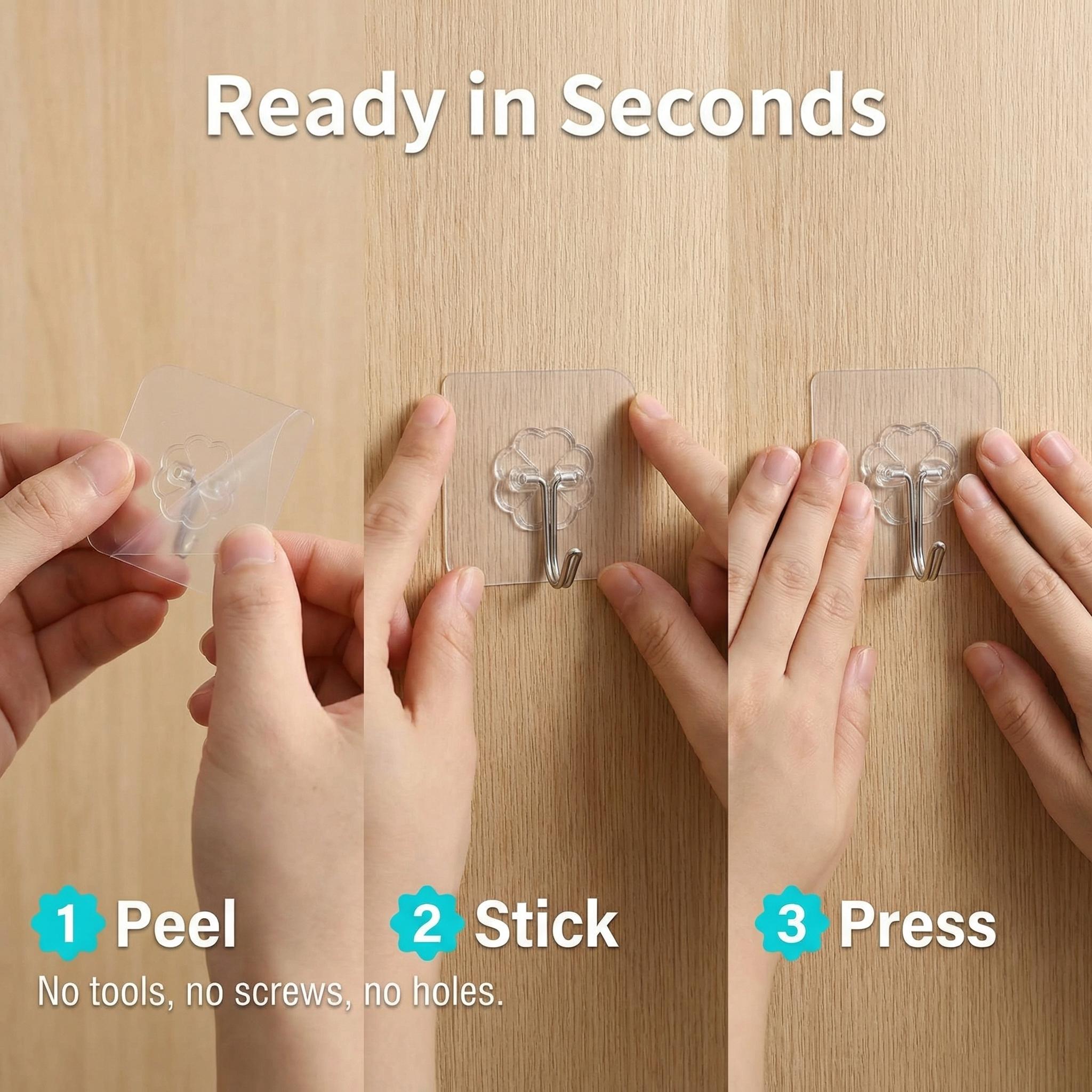 No-Drill Transparent Wall Hooks Heavy Duty 304 Stainless Steel Self Adhesive Hangers - Traceless, Removable for Kitchen, Bathroom, Bedroom - Easy Peel & Stick Installation, Max Load for Towels, Utensils, Bags No-Drill Transparent Wall Hooks Heavy Duty 304 Stainless Steel Self Adhesive Hangers - Traceless, Removable for Kitchen, Bathroom, Bedroom - Easy Peel & Stick Installation, Max Load for Towels, Utensils, Bags