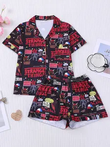 2pcs Weird Things Graffiti Print Pajama Set - Retro Pop Culture Short-Sleeve Pjs (Notch Collar + Chest Pocket + Elastic Waist) - Soft Adult Loungewear/Sleepwear for Binge-Watching, Sleepovers & Trend Lovers Pajama Pattern
