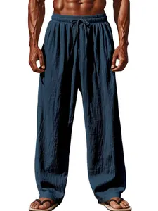 Men's Linen Pants Trouser Summer Thin Loose Fit Casual Straight Leg Belted Pant, New Style, Plus Size Solid Color