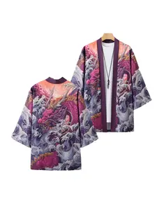This men's kimono cardigan shirt is loose and casual with a lapel. It features a retro purple dragon king pattern print and is suitable for both home and outdoor use throughout the year