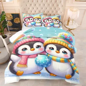 Penguin Snow Play Joyful Style Quilt/Comforter Set (2/3 Pcs) Contains 1 Quilt/Comforter + 1/2 Pillowcases No Filler, Winter Penguin Snow Play Elements, Fluffy & Warm, Suitable for Girls, Teenagers & Gift Recipients, Fits Bedrooms, Dorms & Winter Rooms