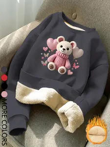 New Fall Winter Women's Casual Cartoon Bear Sweatshirt, Fitted Round Neck Long Sleeve, Thickened Hoodie, Fashionable Bottom Layer Top