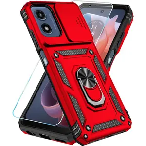 SAGAETR for Motorola Moto G Play 2024 Case with HD Screen Protector & Slide Camera Cover & Kickstand, Moto G Play 4G 2024 [Military-Grade] Phone Case for Moto G Play 2024 (Red)