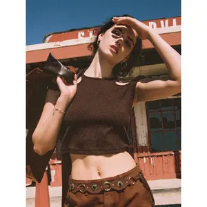 Cider [size 2-10] Round Neckline Solid Cut Out Belted Crop Tank Top