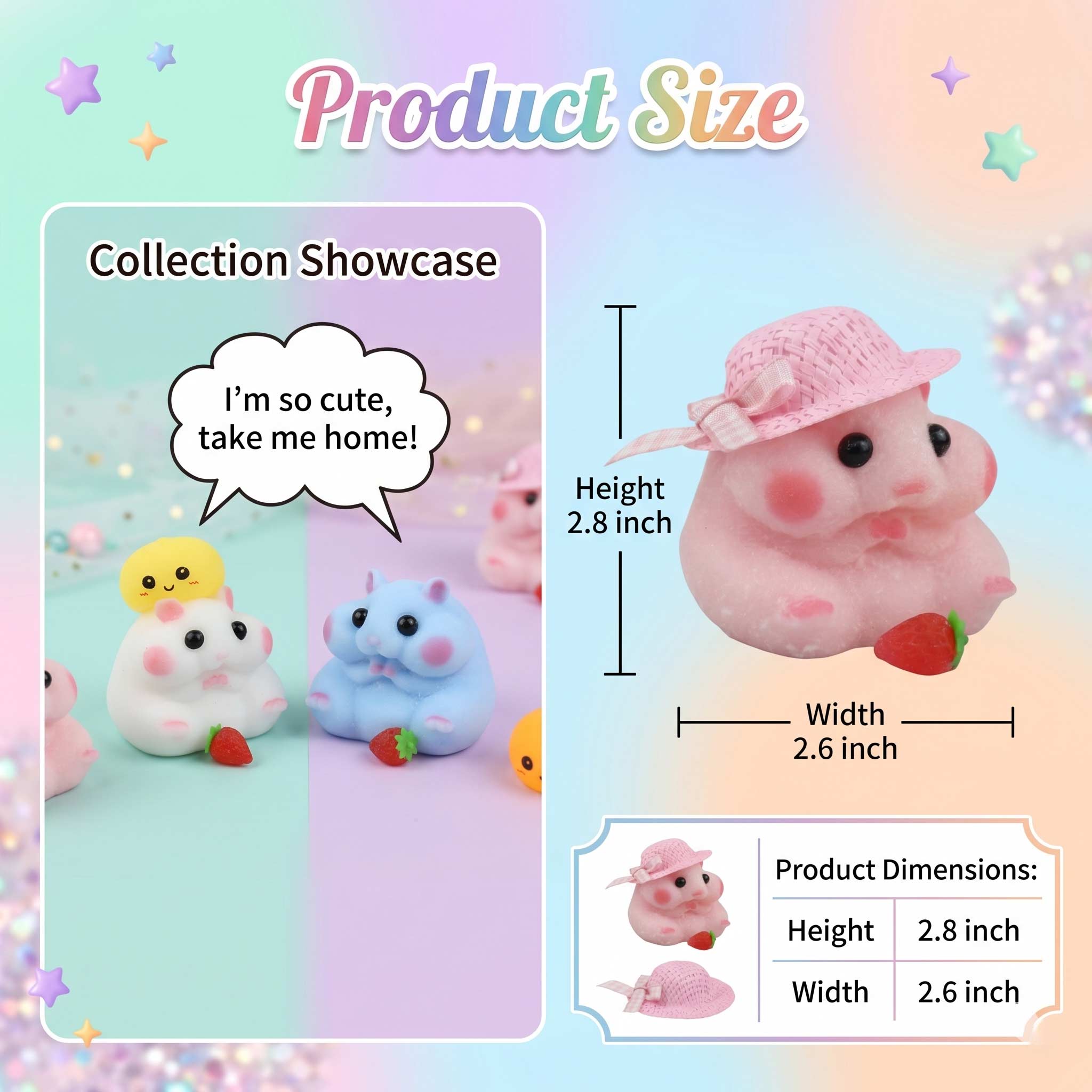 Letsssquishy Handmade Taba Hamster Squishy Toy, Ultra-Soft Silicone Squeeze Sensory Fidget Toys, Cute Mochi Desk Decor for Stress Relief, Great Gift with Mini Strawberry, Dumpling & Hat Accessories