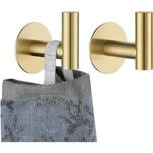 Self Adhesive Towel Hook , No Drill Stick on Coat Robe Clothes Wall Hook for Bathroom Kitchen Garage 2 Pack, 304 Stainless Steel Brushed , ATH110-BG-P2