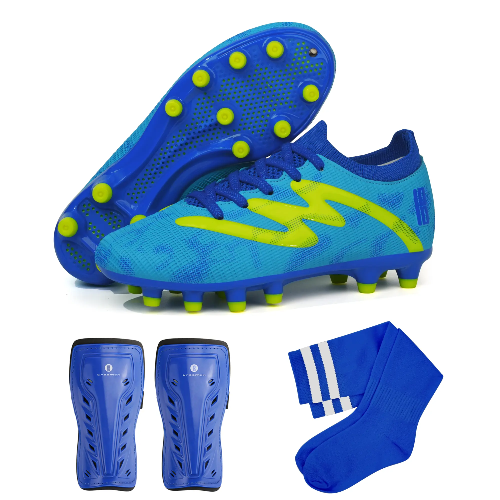 brooman Youth Soccer Shoes Training Kit - FootHug Firm Ground Youth Football Cleats for Boys & Girls with Shin Guards and Socks, Sporty Soccer Shoes, Synthetic, Velcro Fasten, Soccer Kids, Unisex Kids