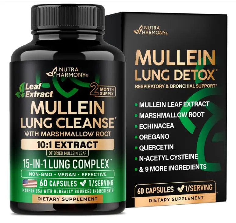 Mullein Lung Detox - Mullein Leaf 10:1 Extract - Marshmallow Root | Echinacea | Oregano | Quercetin | NAC - 15-in-1 Lung Support & Cleanse for Smokers Supplement - for Women & Men - 60 Vegan Capsules