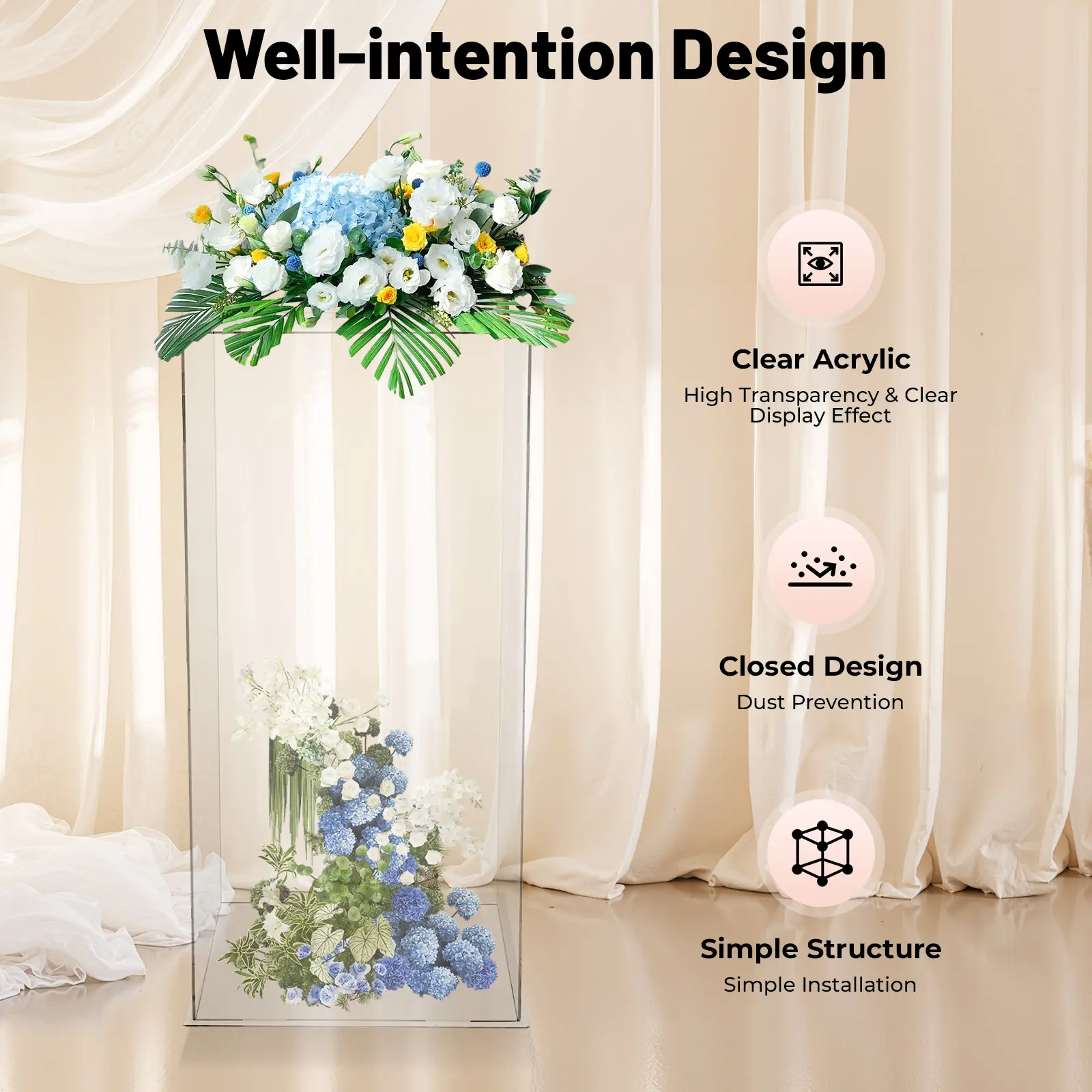 CNCEST Freestanding Modern Square Transparent Acrylic Display Stand, 12x12x24in 3mm Heavy-Duty Riser, 3.92 kg Corrosion-Resist Dustproof Customizable Easy-Storage Commercial Furniture for Floral Wedding Centerpieces (Requires Setup), 12X12x24 Inches