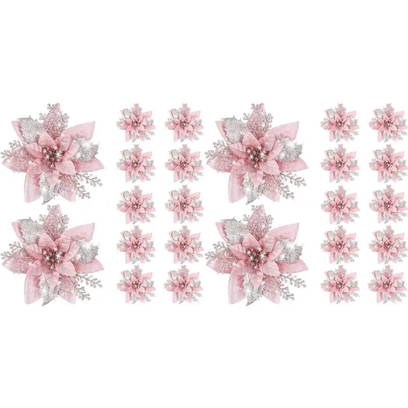 40PCS 14.5cm Glitter Artificial Christmas Flowers Merry Christmas Tree Decoration Happy New Year Ornaments Xmas,A