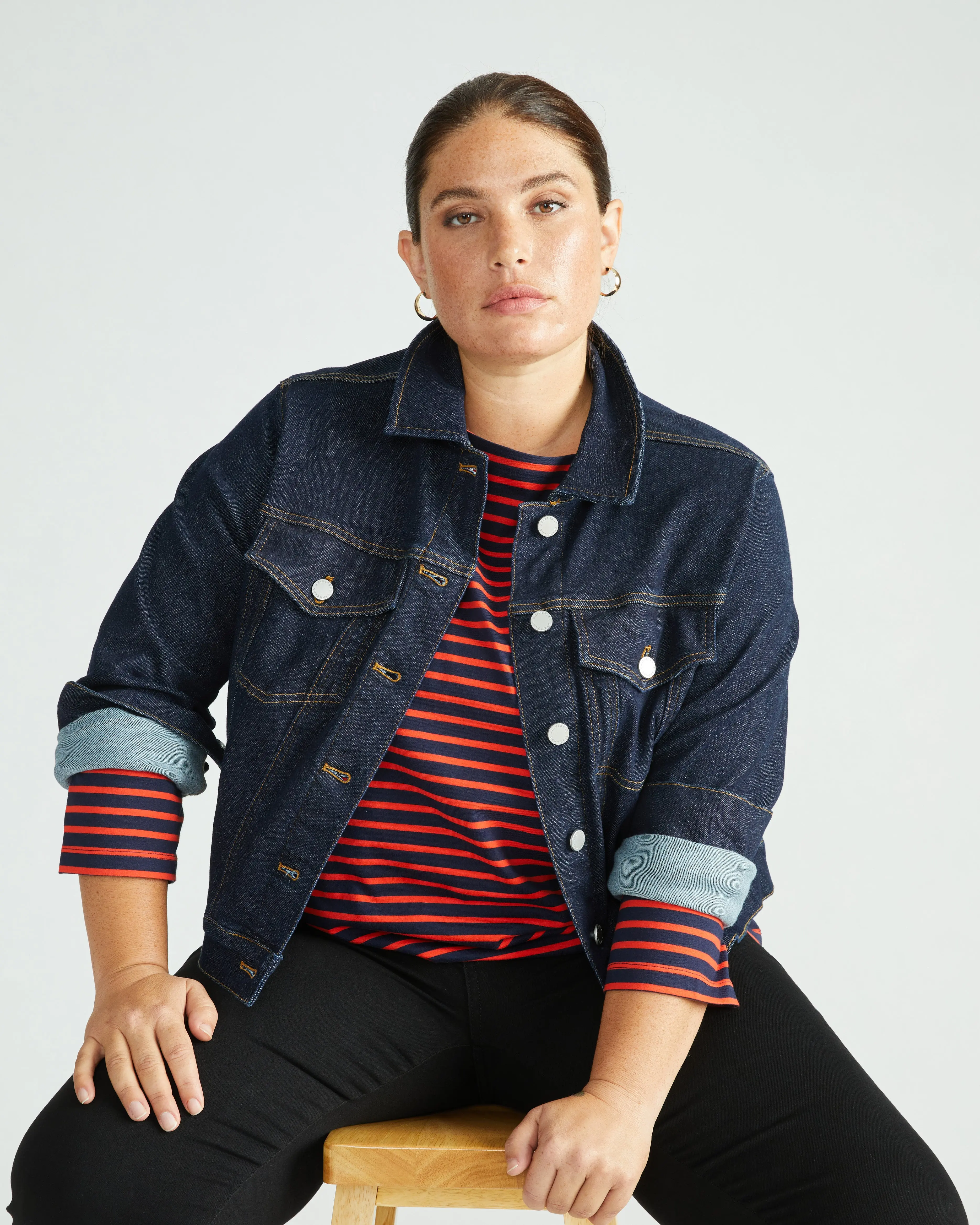Women's Breton Stripe Boat Neck Tee, Casual 3/4 Sleeve Blouse in Soft Compact-Knit Jersey for Daily Wear, Blouses, Shirts, Yarn Dyed, Three Quarter