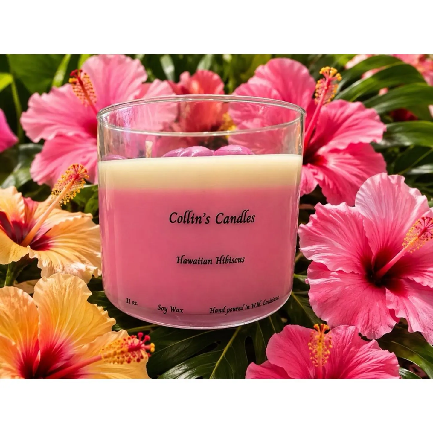 Collin's Candles Hawaiian Hibiscus 11oz Scented Soy Wax Candle Pink & White Aromatherapy Gift