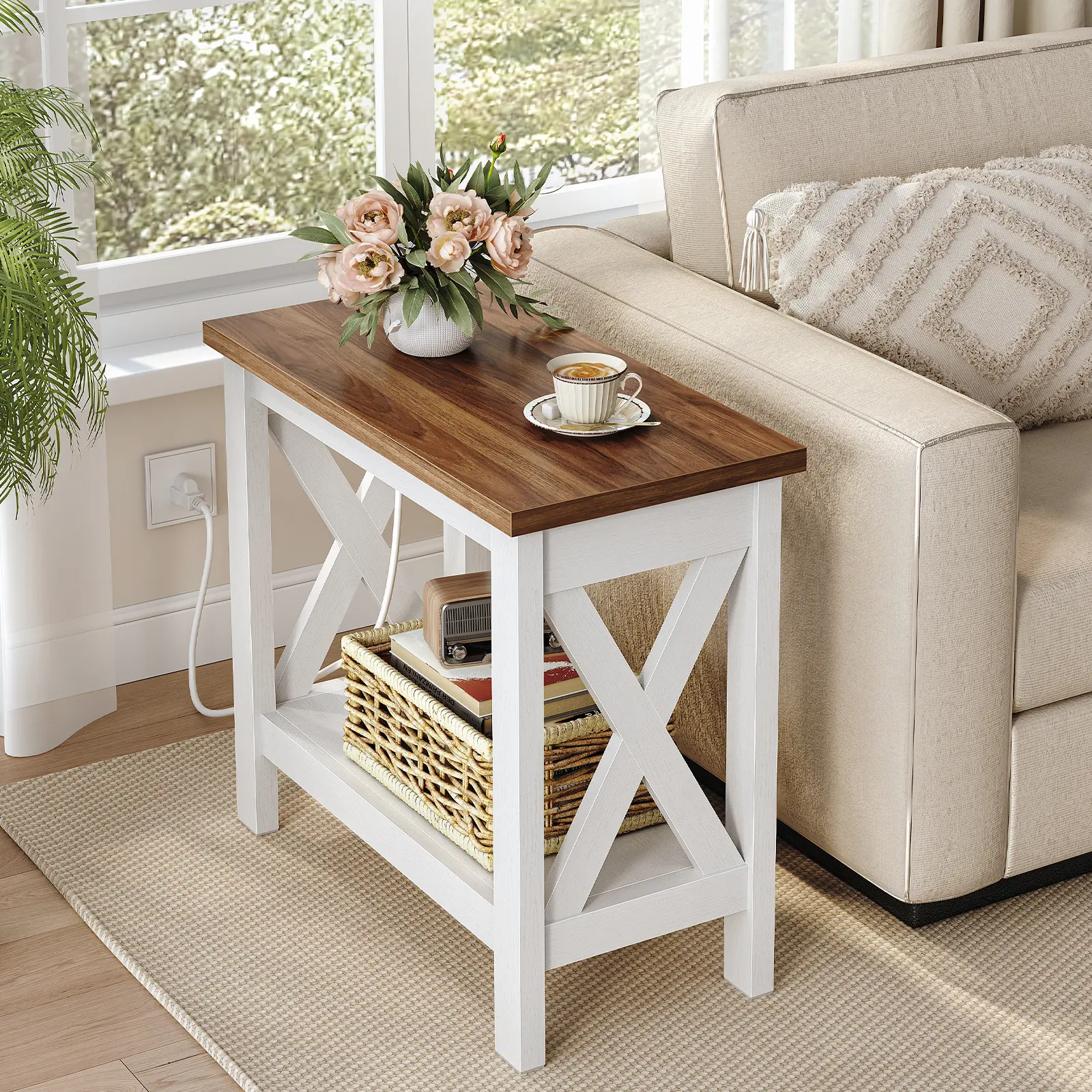 HOOBRO Farmhouse End Table with Charging Station, Narrow Side Table with Open Shelves, 2-Tier End Table with X-Shaped Frame, Small Accent Table, Slim Nightstand, Narrow Sofa End Table, Bedside Table for Living Room, Bedroom, White and Walnut #SummerVibes