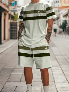 Summer Striped Simple Clean Men's Short Sleeve T-Shirt & Shorts Set, Casual Fitted Knee Length, Perfect for Daily Wear