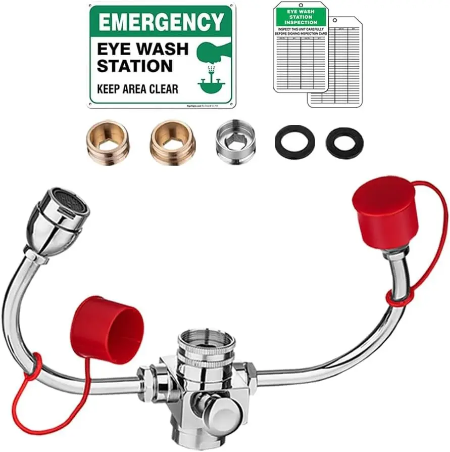 Eye Wash Kit, Emergency Eye Wash Station, U Shaped Eyewash Station - 1 Pk | 360° Rotatable, Chrome Plated Copper with Safety Sign - 11.4 L/min High Flow for Lab, Hospital & Industrial Safety