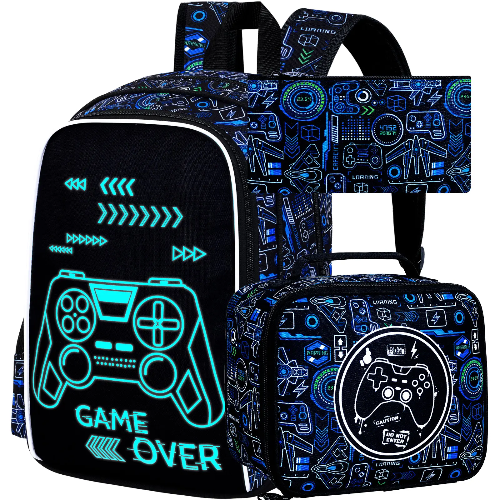 17 Inches Glow in The Dark Gamer Backpack for Boys, 3Pcs video Game School Bookbag Set for Teens, Laptop Backpacks with Lunch Bag(Blue)