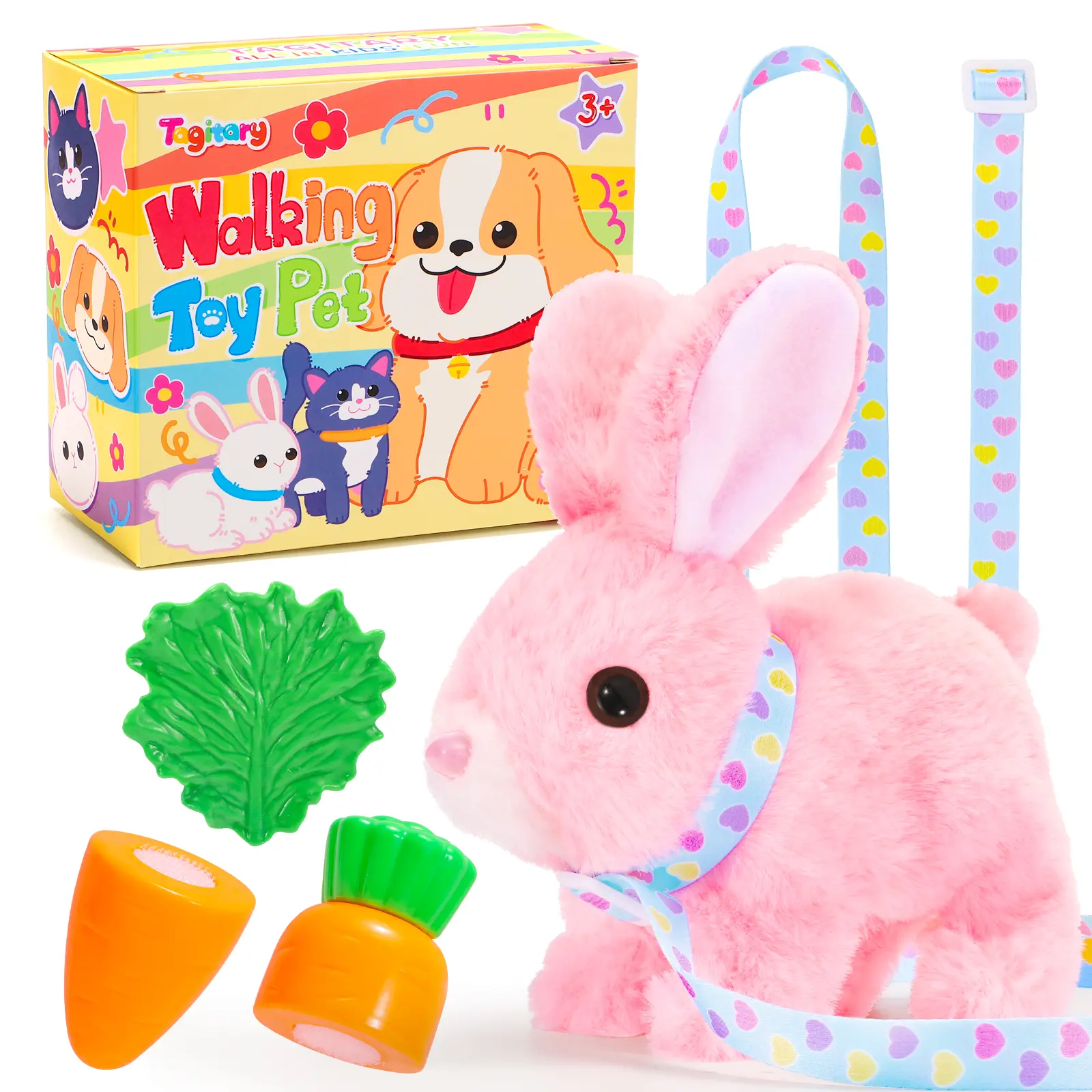 Plush Toys Bunny Toys with Sounds,Can Walk,Wiggle Ears,Twitch Mouth and Nose,Hopping Interactive Electronic Rabbit Toys with Leash,Easter Christmas Birthday Gift