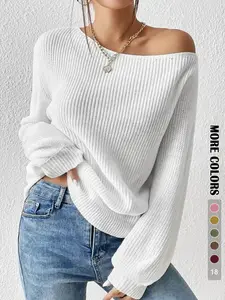 Women's Solid Drop Shoulder Asymmetrical Neckline Knit Top, Casual Long Sleeve Jumper for Fall & Winter, Women's Sweater for Daily Wear, Knitwear, Fit