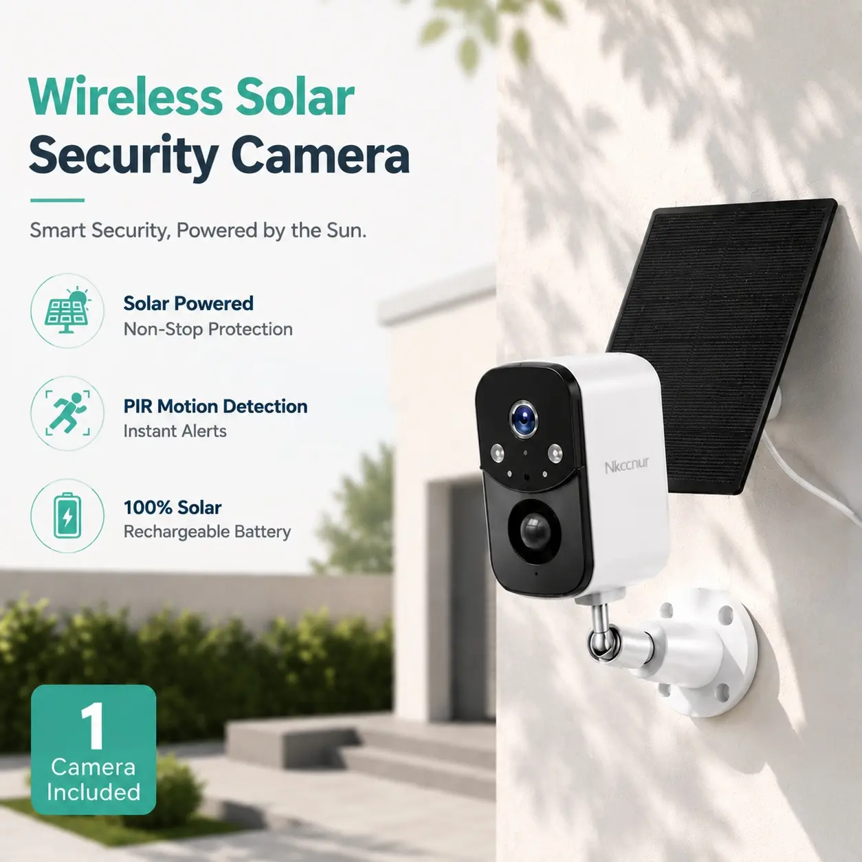 NKCCNUR 1/2 pcs Wireless Outdoor Solar Security Camera, 1080P HD,Wi-Fi connection, two-way audio, smart motion detection, high-definition night vision, motion-triggered alarm, remote control via mobile app, real-time recording.