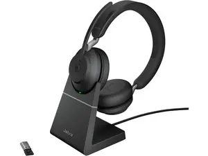 Jabra Evolve2 65 Bluetooth Wireless Headset with Mic for Calls and Music, Dual-Ear Headphones with USB-C Adapter and Charging Stand, Up to 37 Hours Battery, Works with Microsoft Teams, Black