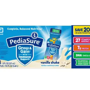 PediaSure Grow and Gain Nutrition Shake for Kids, Vanilla Flavor, 8 Fl. Oz. (237 mL), 24 Pk, Complete, Balanced Nutrition - Energy, Beverage