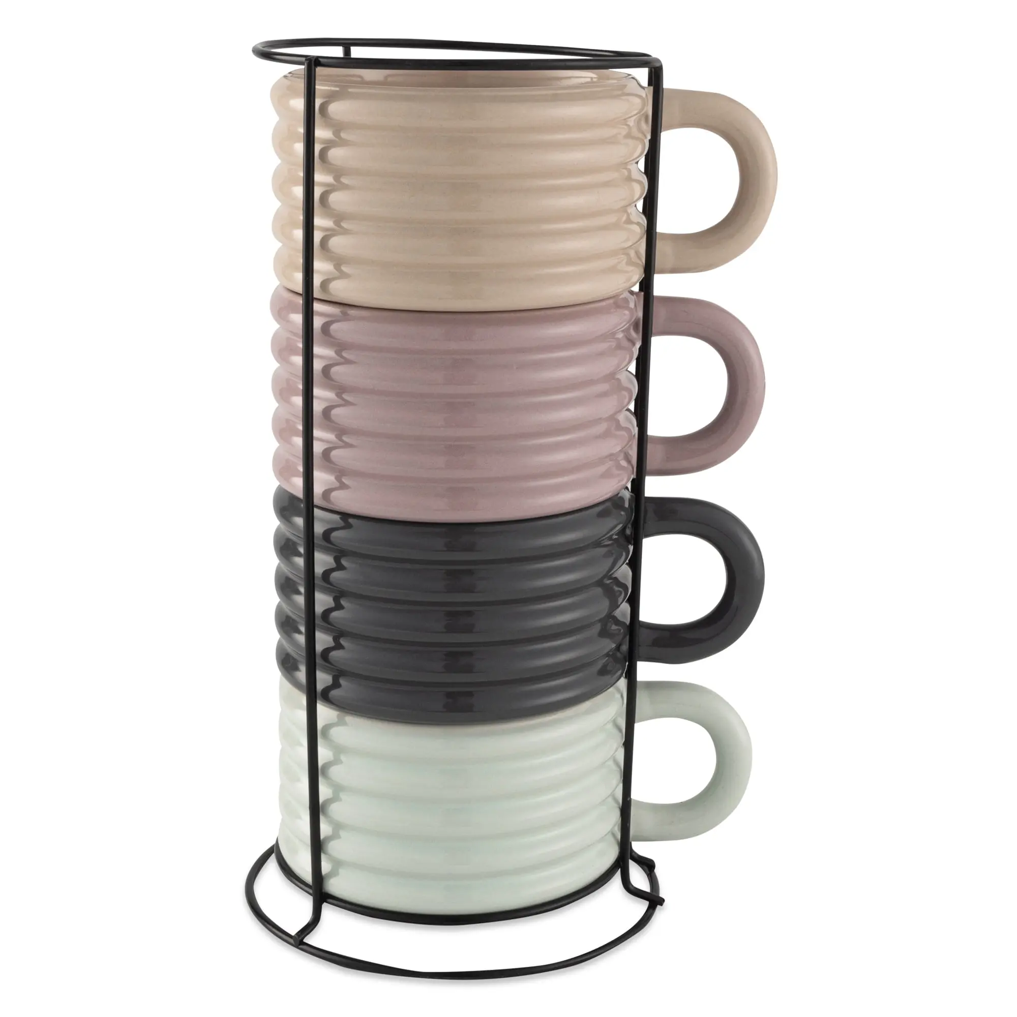 4-Piece Contemporary Ribbed Ceramic Stoneware Mugs - 12oz Everyday Coffee & Tea Mugs with Stacking Rack, Four