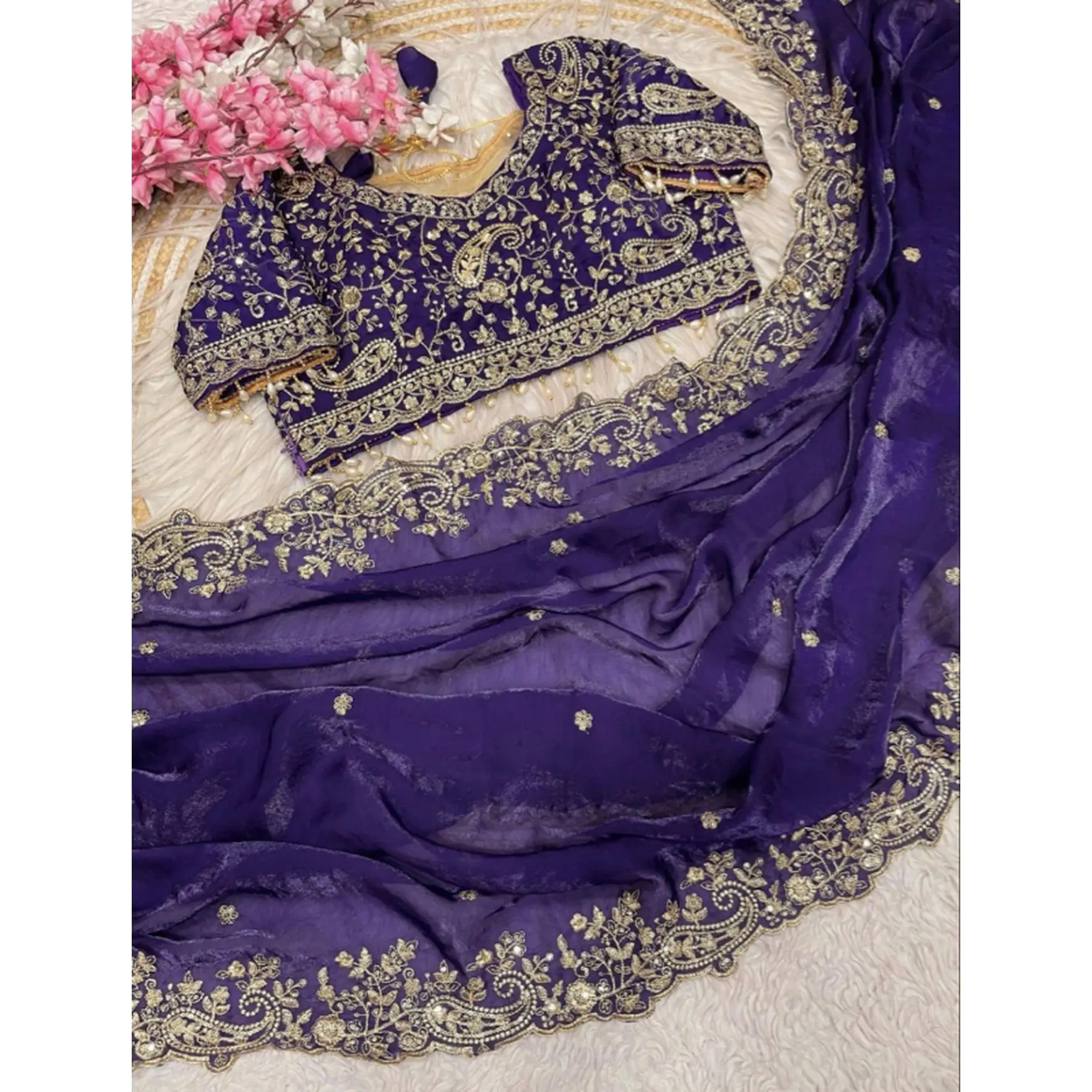 Elegant Purple Embroidered Lehenga Choli Set with Gold Thread Work and Flowing Dupatta for Special Occasions