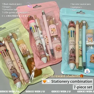 Student Stationery Set, 7-Piece Multicolor Kit, Classroom Reward Supplies, Includes Pens, Pencils, Highlighters, Erasers, Correction Tape, Keychain, Office Supplies