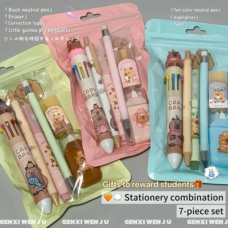 Student Stationery Set, 7-Piece Multicolor Kit, Classroom Reward Supplies, Includes Pens, Pencils, Highlighters, Erasers, Correction Tape, Keychain, Office Supplies, School Classroom Supplies