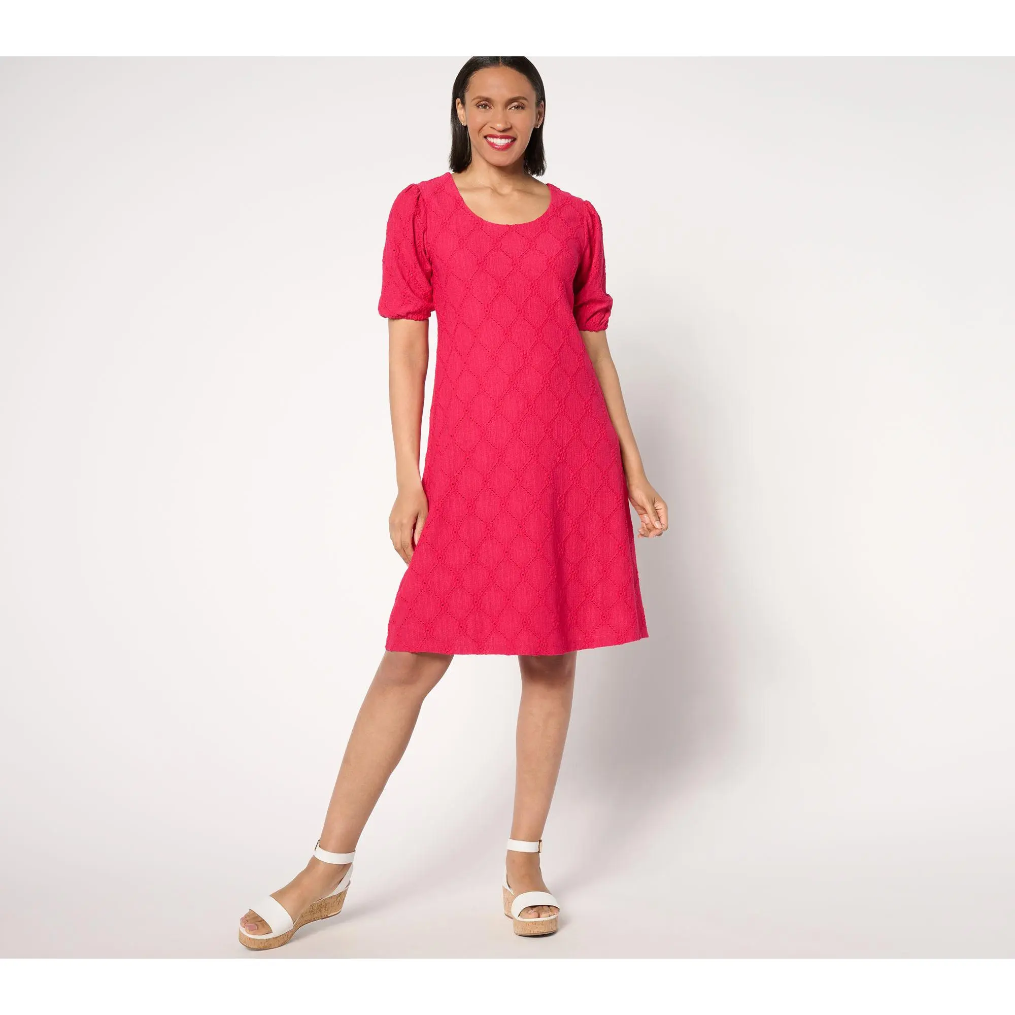 Susan Graver Reg Knit Eyelet Eyelet Elbow Sleeve Fully Lined Dress