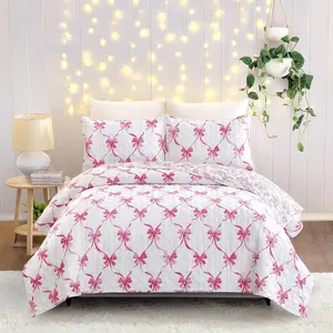 Pink and White Quilt Set Full Queen Size - 3 Piece Reversible Girls Bedding with 2 Shams, Ultra Soft Lightweight Coverlet for Kids Teens, Preppy Coquette Bow Pattern