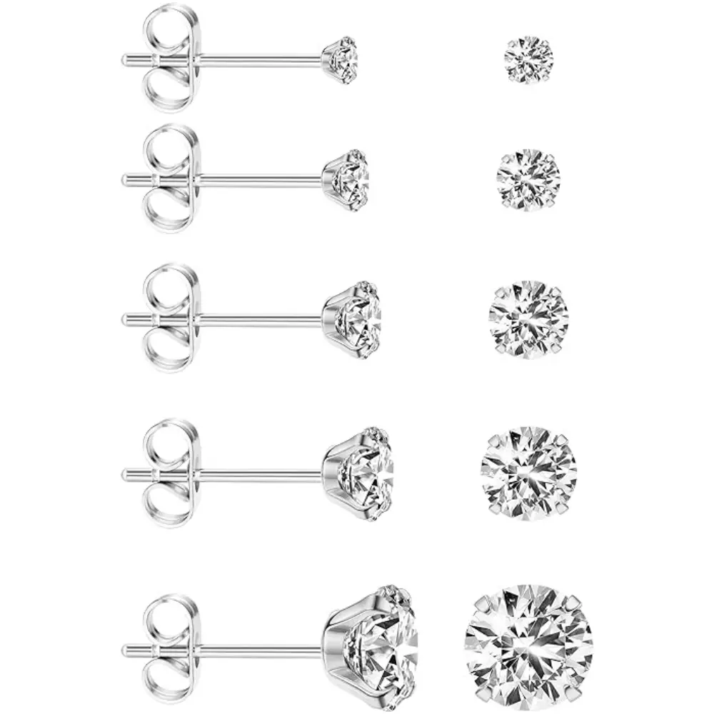 Women's 5 Pairs Stackable Cubic Zirconia Extra Long Post Earrings, 316L Stainless Steel Hypoallergenic Studs for Sensitive Ears, 3-8mm Piercing Jewelry