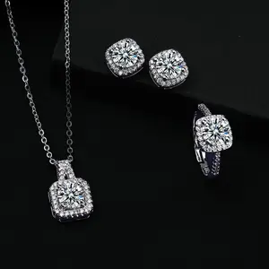 Square Moissanite Necklace Ring Earrings Set, 1Carat 2Carat Moissanite Jewelry Clavicle Chain Ring for Women, Perfect Gift for Girlfriend Mom Wedding Anniversary