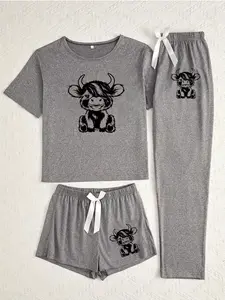 Women's Cartoon Highland Cow Print Knit Pajama Set, Casual Fitted Sleepwear, All Seasons Comfortable Nightwear, 3 Piece