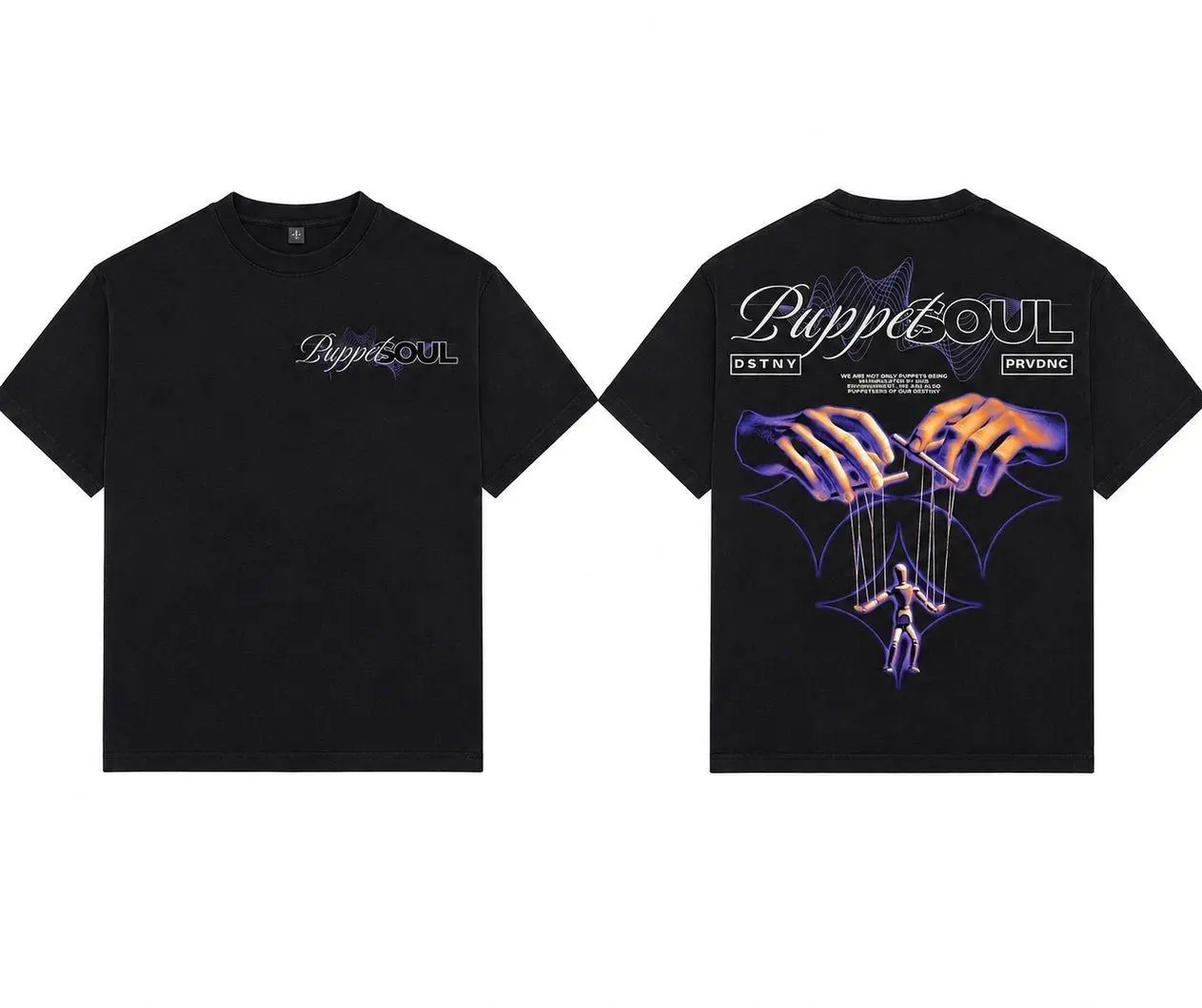 Puppet Soul Marionette Graphic T-Shirt, Unisex Boxy Fit Y2K Streetwear Tee, Black Front & Back Print Shirt Cotton Fabric