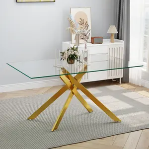 51.18 Inch Golden Rectangular Tempered Glass Dining Table, Modern Clear Kitchen Table with Adjustable Leveling Feet, Golden Metal Legs Dinner Table for Living Room Dining Room Home Decor