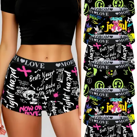 Coachella Outfits Must Have｜6Pcs Rock Graffiti Print Women Boxer Shorts | Stretch Waistband All Season Baddie Lingerie OOTD.#CoachellaOutfits #OOTD #Baddie #Lingerie #WomenUnderwear #RockStyle #BoxerShorts
