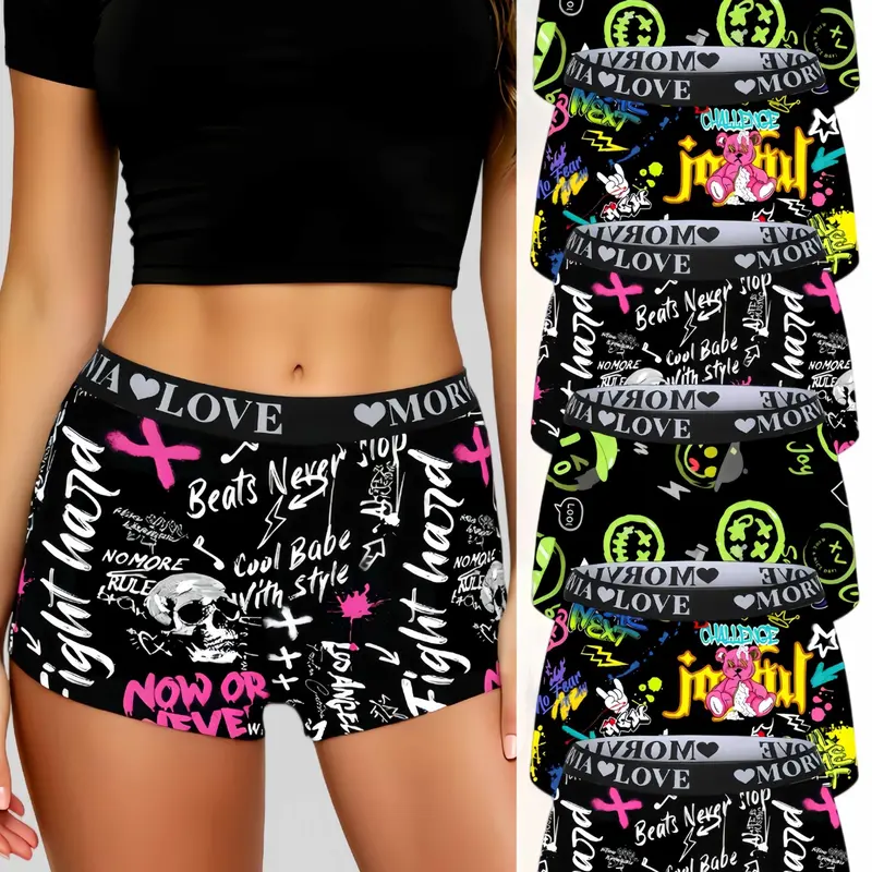 Coachella Outfits Must Have|6Pcs Rock Graffiti Print Women Boxer Shorts | Stretch Waistband All Season Baddie Lingerie OOTD.#CoachellaOutfits #OOTD #Baddie #Lingerie #WomenUnderwear #RockStyle #BoxerShorts