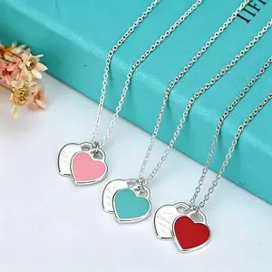 925 Silver Plated Double Peach Heart Pendant Necklace Love Enamel Heart Pendant Titanium Steel Valentine's Day Necklace Gift Jewelry