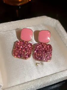 Shiny Square Earrings, Korean Style Glass Pendant Earrings, Fall Winter Fashion, Unique Cold Tone Ear Studs for Women